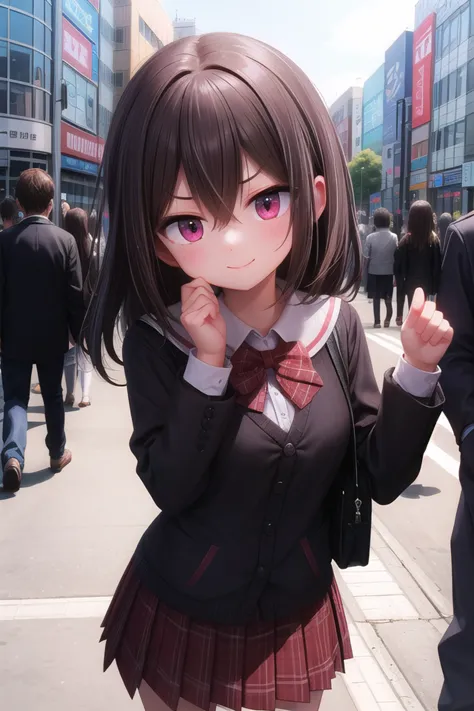 anime girl in school uniform posing for a picture in a crowded city