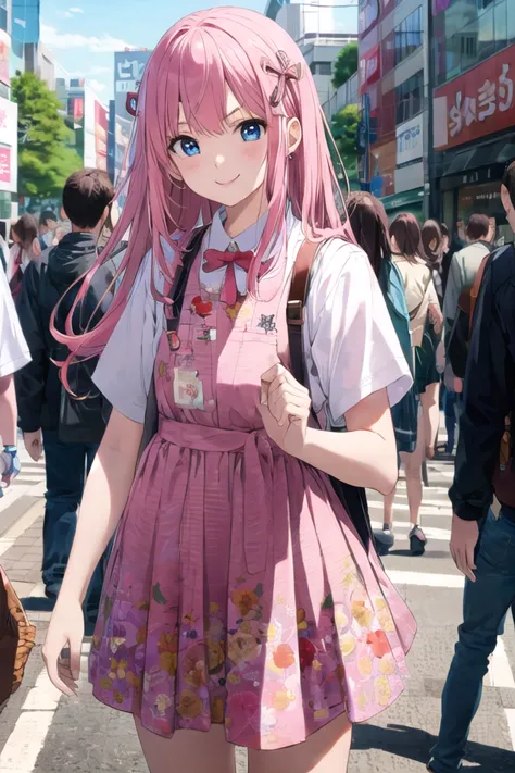 anime girl in pink dress walking down a crowded street with a backpack