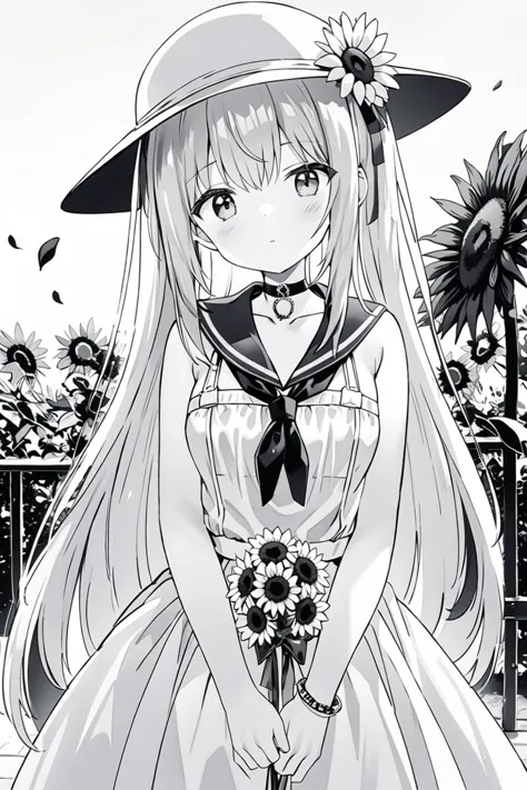 anime girl in a white dress and hat with a flower in her hand