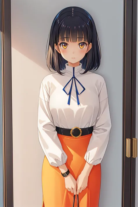 anime girl in orange skirt standing in front of a door