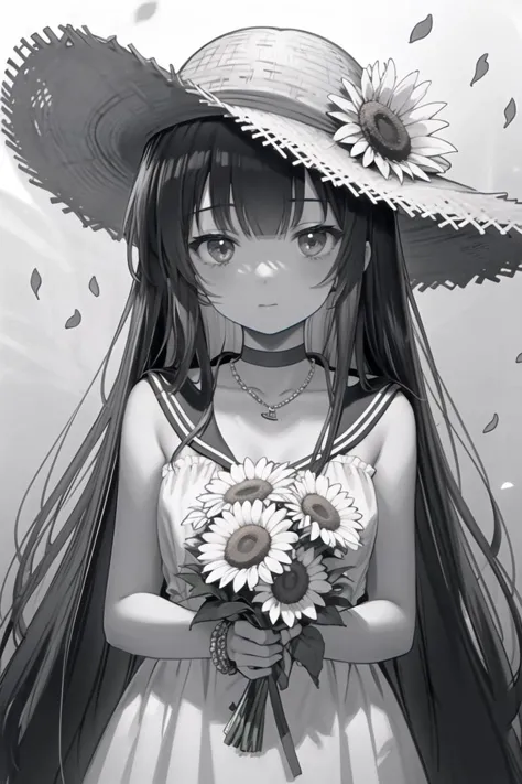 anime girl with sunflowers in her hair and a hat