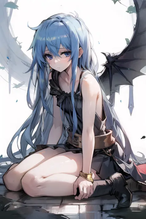 a woman with blue hair sitting on the ground with a bat