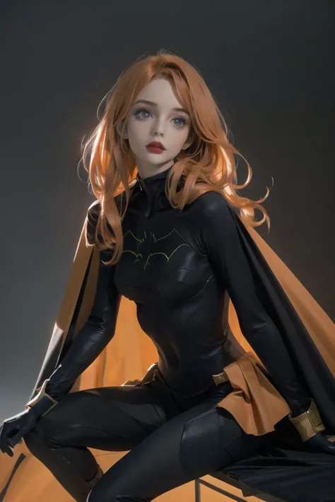 (masterpiece),best quality,sitting,wariza,<lora:Barbara-04:0.75>,batgirl,batgirl,suit,orange hair,cape,bodysuit,cape,lipstick,co...