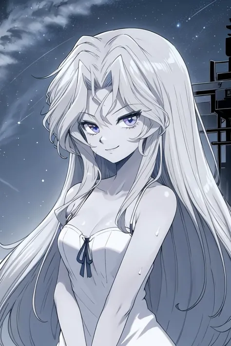 anime girl with long white hair and blue eyes standing in front of a building