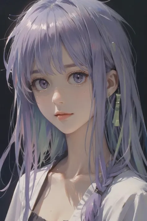 a close up of a person with long hair and purple hair