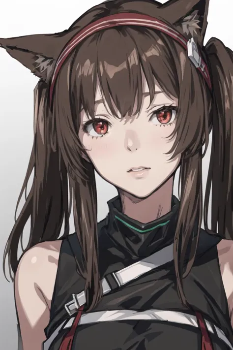 (masterpiece),best quality,<lora:angelina-04:0.75>,angeline,1girl,solo,animal ears,long hair,twintails,fox ears,brown hair,red eyes,hairband,infection monitor (arknights),