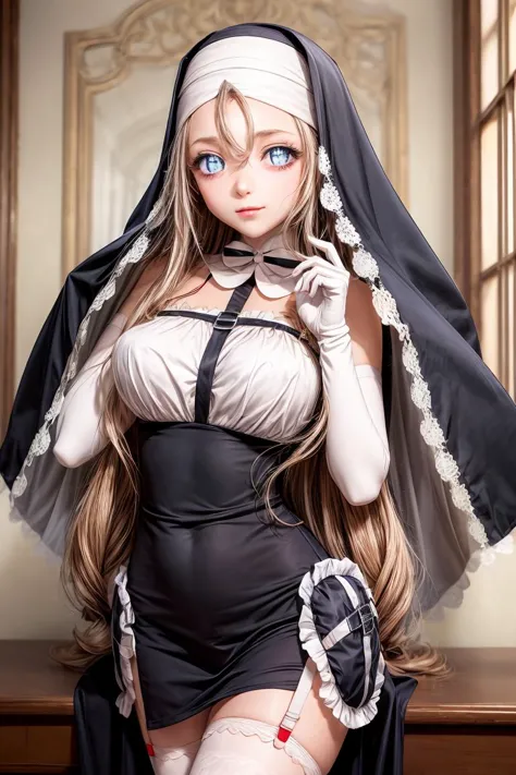 (masterpiece, best quality), 1girl, <lora:sisternana-nvwls-v1:1> sisternana, symbol-shaped pupils, nun, veil, black dress, elbow...