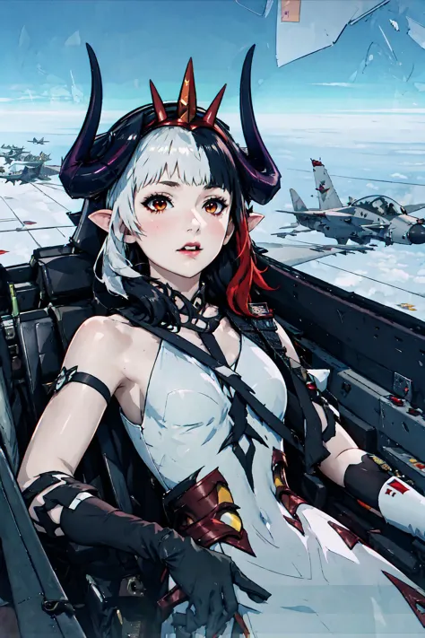 sdsHel, multicolored hair, horns, crown, bare shoulders, white dress, armored dress, single glove, <lora:Char_7DS_Hel:0.85>, yomama_fighter_jet_pilot_selfie_v2, <lora:Pos_FighterJetSelfie:1>, cockpit,