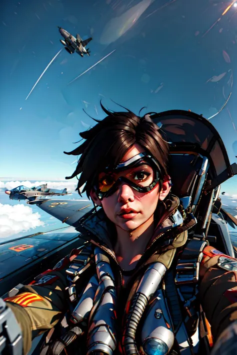 yomama_lutador_jato_piloto_Selfie_v2, 1 garota, Nuvens, céu, jato,  marcador, jaqueta bomber,, óculos