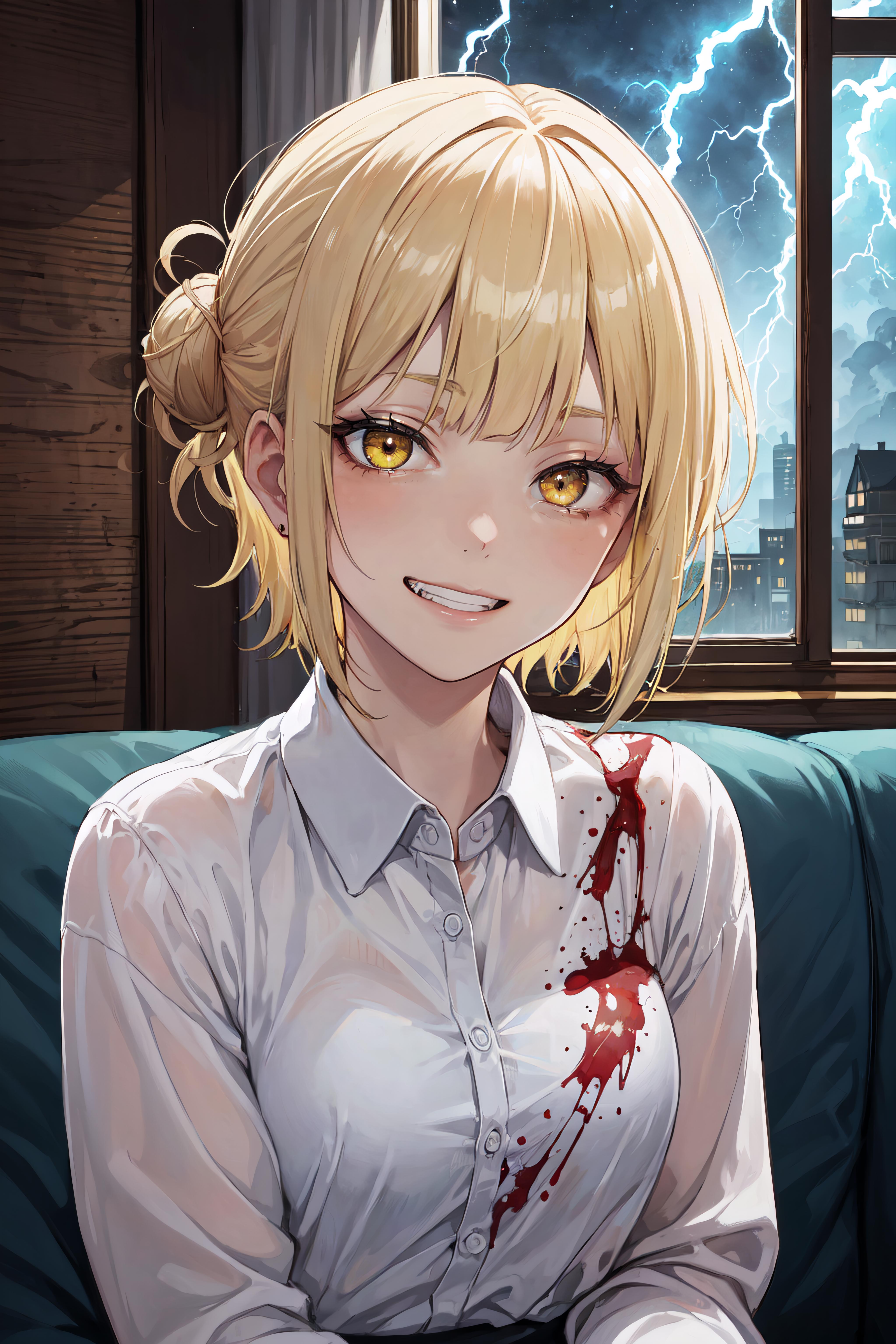 Anime girl with blood on her face sitting on a couch - SeaArt AI