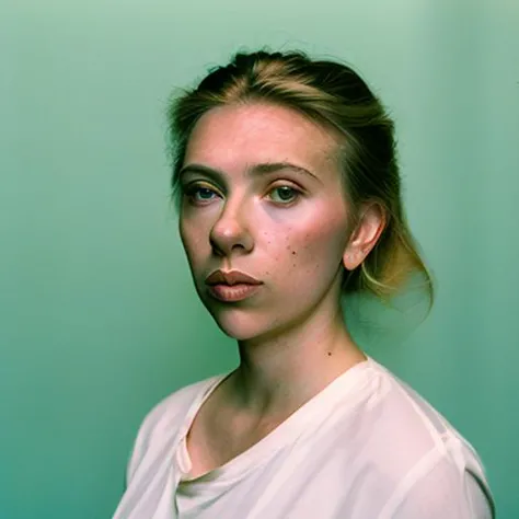 arafed woman with a white shirt and a green background