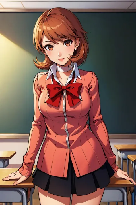 (masterpiece, best quality:1.2), solo, 1girl, takebadef, smile, looking at viewer, school uniform, cardigan, bow, skirt, choker, earrings, classroom <lora:persona3_takeba_v2-12:1>