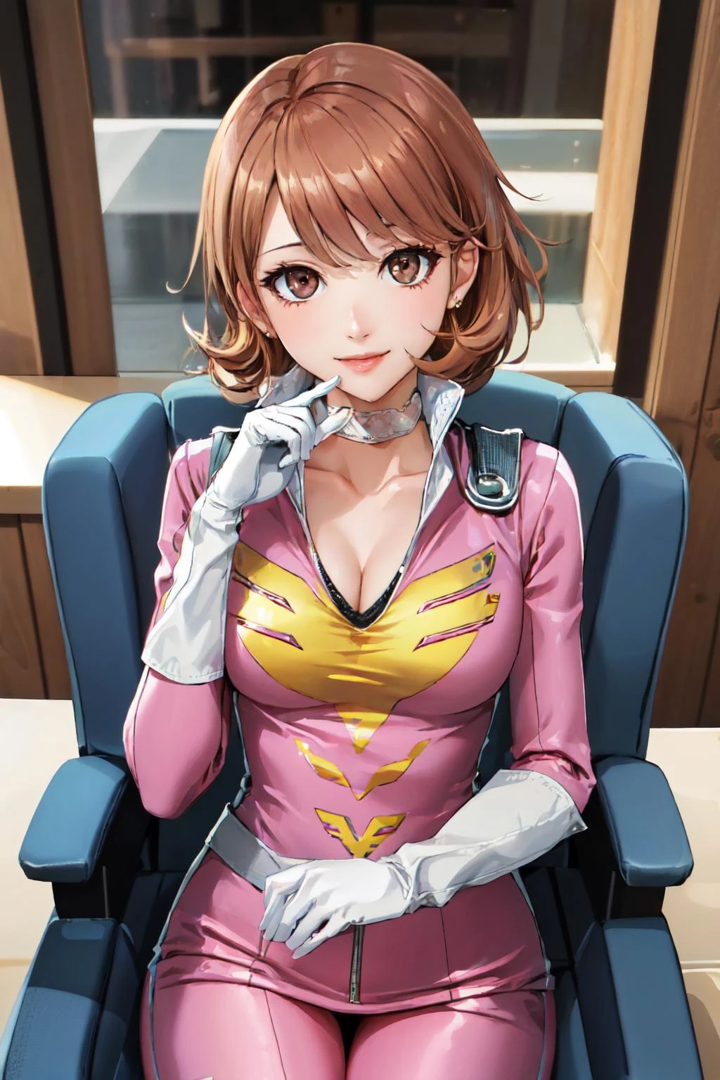 (masterpiece, best quality:1.2), solo, 1girl, takebaarena, smile, looking at viewer, sitting, chair, pink bodysuit, white gloves, choker, cleavage 