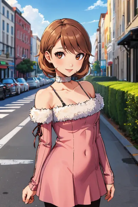 (masterpiece, best quality:1.2), solo, 1girl, takebawinter, smile, looking at viewer, dress, fur trim, choker, earrings, bare shoulders, collarbone, outdoors, city sidewalk 