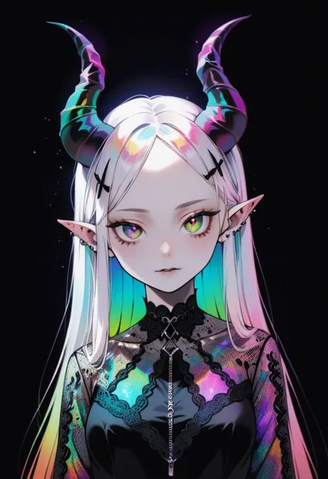 pale demon girl , prismatic coloring, holographic vibe, chromatic black lace blouse, gothic background, (long straight horns:1.2...