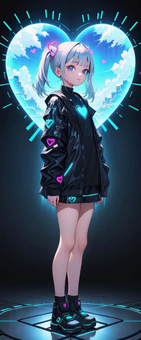 a girl in a black jacket and shorts standing on a circular surface