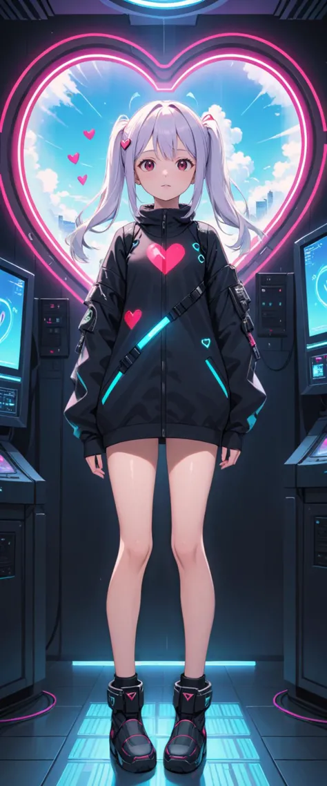 a girl in a black jacket and shorts stands in front of a heart shaped neon sign