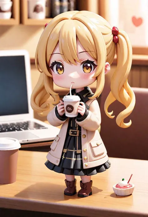 anime style, girl, doll, figure, figurine, pvc, action figure, 3d,HoldingACupofCoffee, chibi, cute, small, tiny