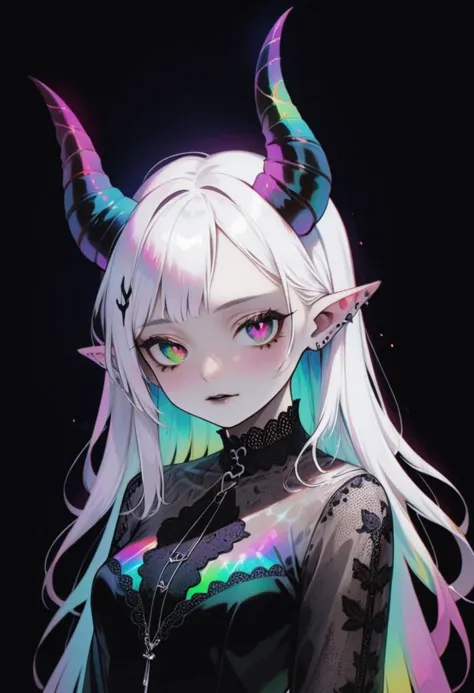 a girl with horns and a black top is standing in front of a black background