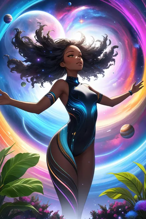 highly detailed digital painting of a black female celestial being experiencing nirvana in space, colorful nebulas and planets in the background, highly detailed, intricate design, cinematic view, 8k resolution, artstation, looking at viewer, open arms,  big plants, hair flow,  color flowing vortex, galaxy angel,