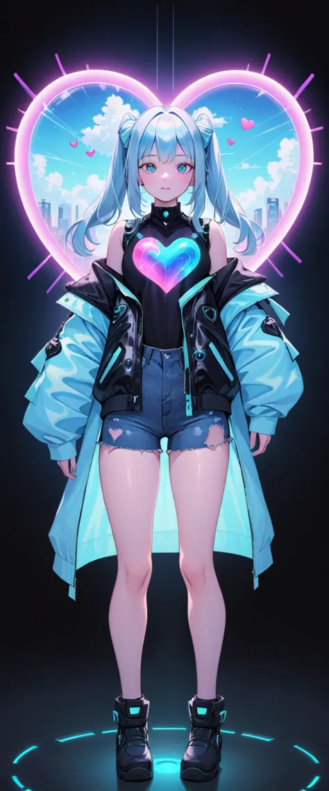 a 19-year-old Tatar girl is standing inside a heart shaped cloud, in the style of photorealistic, cyberpunk manga, portraits, 32k uhd, Iridescent and Denim Light Blue,