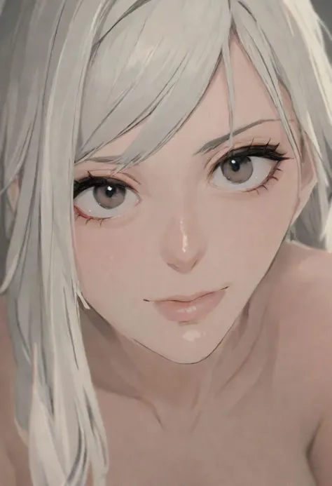 a close up of a woman with white hair and a white shirt