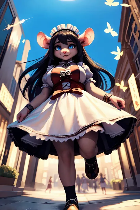 anime girl in a dress and hat walking down a street