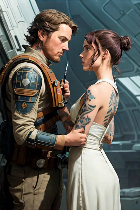 Felicity jones as Jyn erso in sexy futuristic space gown ((tattoos)), on the deathstar oil painting by the brothers hildebrandt, ralph mcquarrie, Ed Blinkey, Atey Ghailan, Studio Ghibli, by Jeremy Mann, Greg Manchess, Antonio Moro, trending on ArtStation, ...