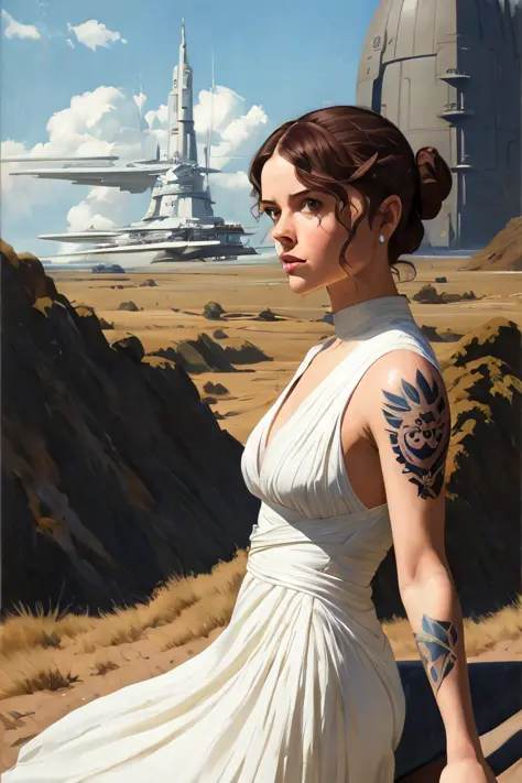Felicity jones as Jyn erso in sexy futuristic space gown ((tattoos)), on the deathstar oil painting by the brothers hildebrandt,...