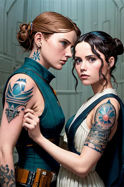 Felicity jones as Jyn erso in sexy space gown ((tattoos)), on the deathstar oil painting by the brothers hildebrandt, ralph mcqu...