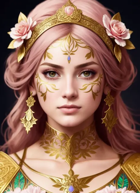 modelshoot style (symmetry:1.1) (portrait of floral:1.05) a woman as a beautiful goddess, (assassins creed style:0.8), pink and ...