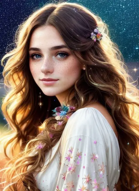 photorealistic painting ((full body)) portrait of ((stunningly attractive)) a woman at a music festival, ((perfect feminine face)), (+long colorful wavy hair), (+glitter freckles), glitter, wearing a dress, intricate, 8k, highly detailed, volumetric lighti...