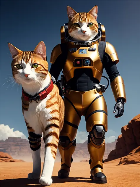 (extremely detailed CG octane render 8k wallpaper), full shot body photo of a (((sci-fi))) astronaut ((cat)), red details, gold details, bionic battle suit, a black hexagonal futuristic alien landscape in the background, ornate, shiny, polished, metallic, ...