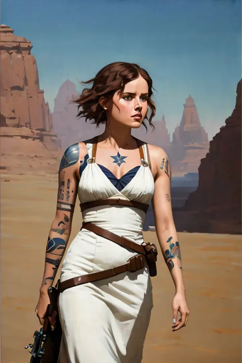 Felicity jones as Jyn erso in sexy space gown ((tattoos)), on the deathstar oil painting by the brothers hildebrandt, ralph mcquarrie, Ed Blinkey, Atey Ghailan, Studio Ghibli, by Jeremy Mann, Greg Manchess, Antonio Moro, trending on ArtStation, trending on CGSociety, Intricate, High Detail, Sharp focus, dramatic, photorealistic painting art by midjourney and greg rutkowski