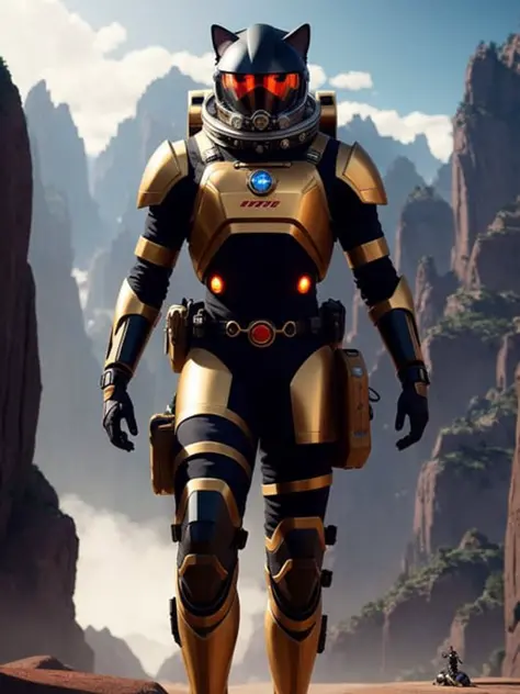 (extremely detailed CG octane render 8k wallpaper), full shot body photo of a (((sci-fi))) astronaut ((cat)), red details, gold details, bionic battle suit, a black hexagonal futuristic alien landscape in the background, ornate, shiny, polished, metallic, ...