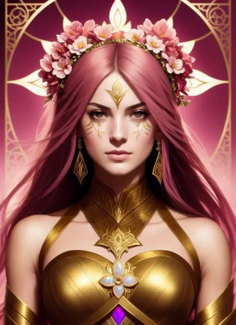 modelshoot style (symmetry:1.1) (portrait of floral:1.05) a woman as a beautiful goddess, (assassins creed style:0.8), pink and gold and opal color scheme, beautiful intricate filegrid facepaint, intricate, elegant, highly detailed, digital painting, artst...