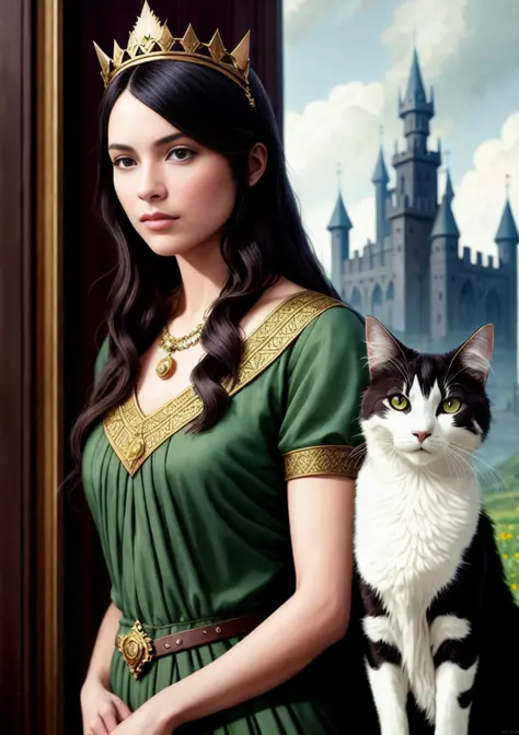 (extremely detailed CG unity 8k wallpaper), full shot body photo of the most beautiful artwork in the world, english medieval witch and her cat, green vale, pearl skin,golden crown, diamonds, medieval architecture, professional majestic oil painting by Ed ...