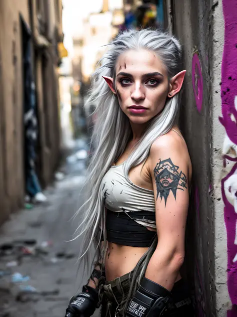 award winning RAW color photo of woman with long silver hair and elf ears wearing tactical cargo pants crop top fingerless glove...