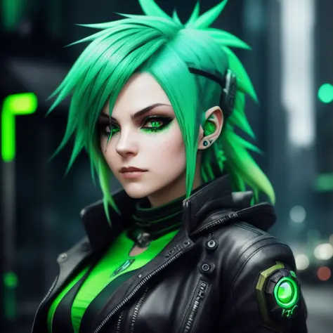 wild gremlin woman with green hair, hyper detailed, digital art, cyberpunk style, cinematic lighting, studio quality, smooth render, unreal engine 5 rendered, octane rendered, art style by klimt and nixeu and ian sprigger and wlop and krenz cushart