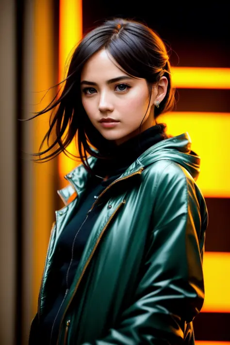 full body shot photo of the most beautiful artwork in the world featuring a modern female girl, sexy, big eyes, urban tokyo futuristic look, neon lights, night, slow motion, reflections, orange raincoat, intricate detail, nostalgia, heart professional maje...