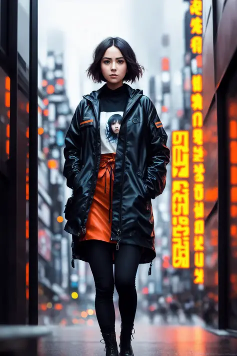 full body shot photo of the most beautiful artwork in the world featuring a modern female girl, sexy, big eyes, urban tokyo futuristic look, neon lights, night, slow motion, reflections, orange raincoat, intricate detail, nostalgia, heart professional maje...