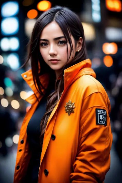 full body shot photo of the most beautiful artwork in the world featuring a modern female girl, sexy, big eyes, urban tokyo futuristic look, neon lights, night, slow motion, reflections, orange raincoat, intricate detail, nostalgia, high boots, heart profe...
