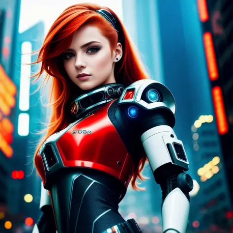 modelshoot style, (extremely detailed 8k wallpaper), full shot body photo of the most beautiful redhead girl in futuristic cyberpunk robot clothes, Intricate, High Detail, Sharp focus, dramatic, photorealistic