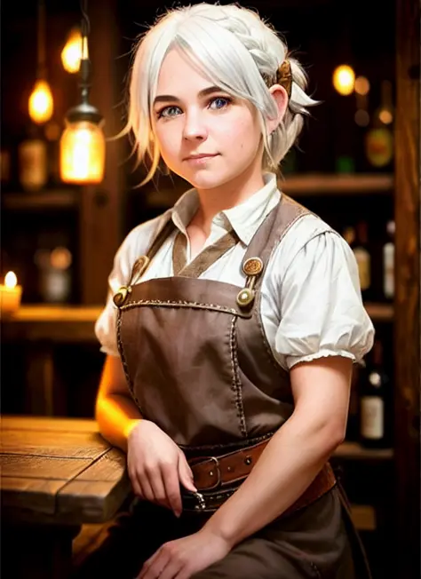 crowdy tabern, (Ultra realistic photo:1.3), adult halfling barmaid, white hair, calm expression, sharp focus, intrincate, highly...