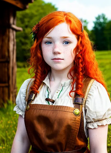 Ultra realistic photo, portrait of 18 years old redhead halfling barmaid, freckles, shy expression, sharp focus, intrincate, hig...