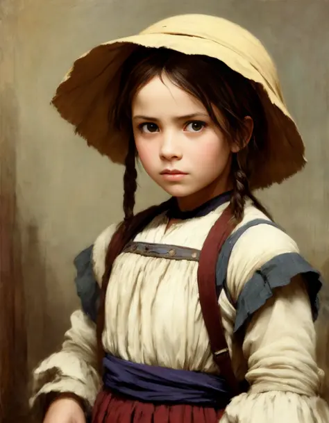 A portrait of poor 14y old peasant girl, in old used 1800 peasant clothing , crazy mad aggressive face and eyes, fantasy, concep...