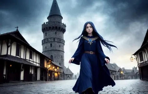 irl, (young sorceress), long hair, hair fluttering in the wind, witch's mantle, fantasy, (magic tower in the background:1.2), facing the camera, saturated colors, bright clothes, half-elf, white hair, blue eyes, slim build, thin arms, wide sleeves, digital...