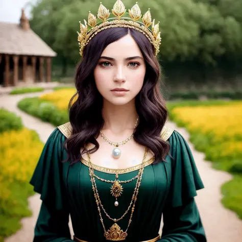modelshoot style, (extremely detailed CG unity 8k wallpaper), full shot body photo of the most beautiful artwork in the world, english medieval witch, green vale, pearl skin,golden crown, diamonds, medieval architecture, professional majestic oil painting ...