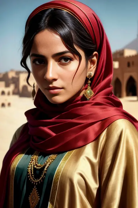 modelshoot style, (extremely detailed CG unity 8k wallpaper), full shot body photo of the most beautiful artwork in the world, (arabic princess), delicate silk clothes, arabian silk  Hijab, magic, an arabic village with persian details in the background, h...