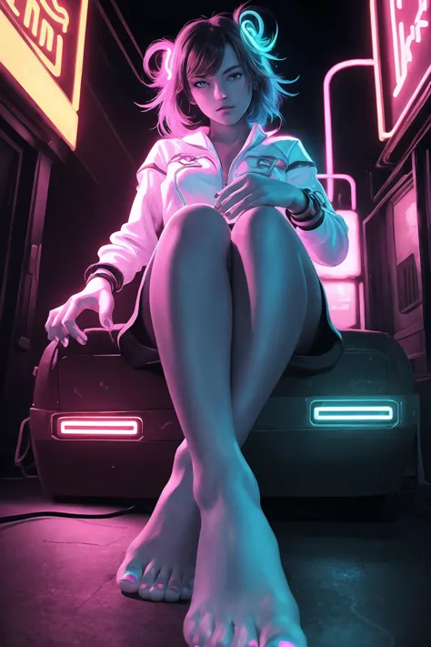 ((masterpiece, high resolution, best quality:1.4, breathtaking, ultra detailed)), light chaos, neon lights, bright, funk, lively, 1girl, feet, toes, toenails, 